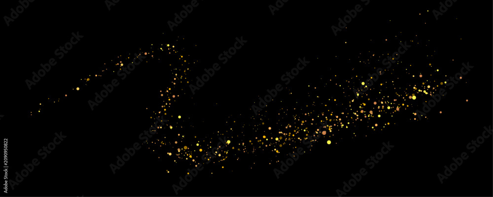 Fototapeta premium Shimmering swirl, golden confetti sparkles with radiant dust, glowing glitter and vector festive light effects. Floating bokeh circles add soft depth beside twinkling stars and elegant highlights.