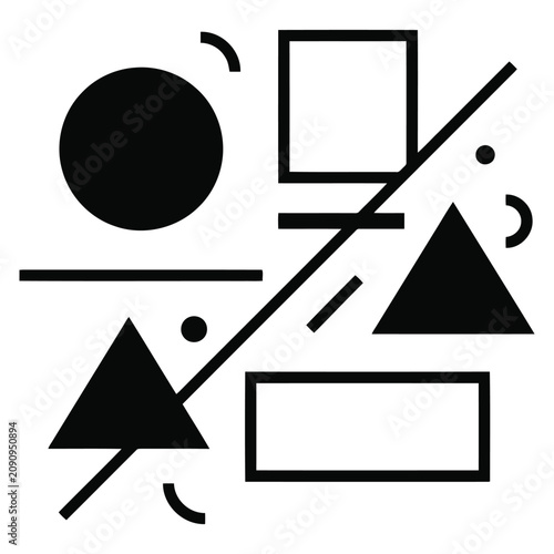 A minimalist black and white graphic design featuring various geometric shapes arranged in an abstract composition.