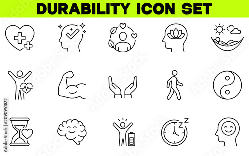 Durability Icon Set – Editable Stroke Vector Illustration for Strength, Quality, Reliability and Long-Lasting Concepts
