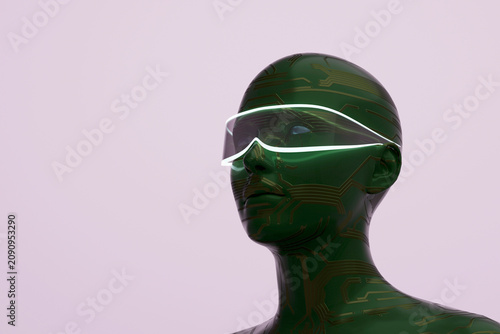 Green circuit humanoid wearing glowing smart visor