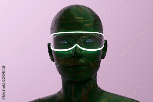 Green circuit humanoid wearing glowing smart visor