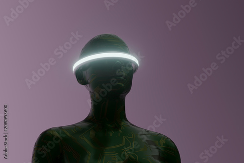Green circuit humanoid with glowing circular visor