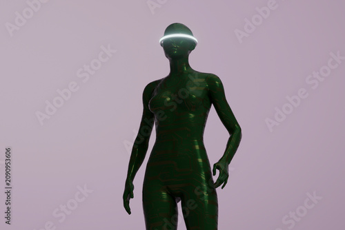 Green circuit humanoid with glowing circular visor