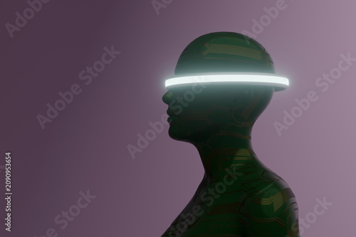 Green circuit humanoid with glowing circular visor