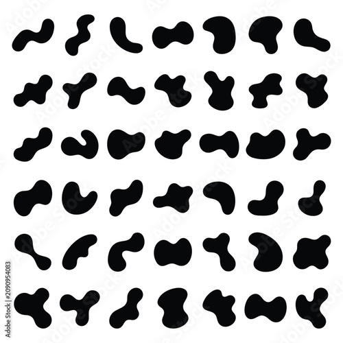 A collection of various black liquid organic shapes isolated on a white background.