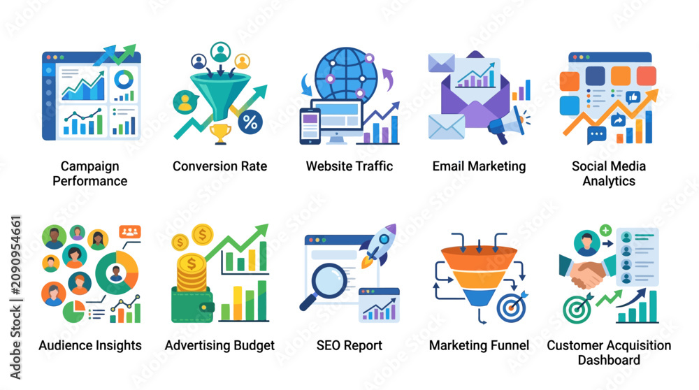 Fototapeta premium Marketing icons showcase campaign performance metrics and analytics tools on a digital dashboard screen.