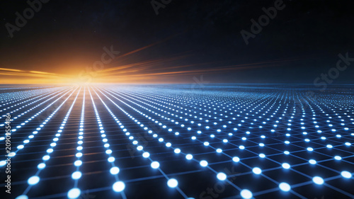 Digital grid with glowing lights and horizon