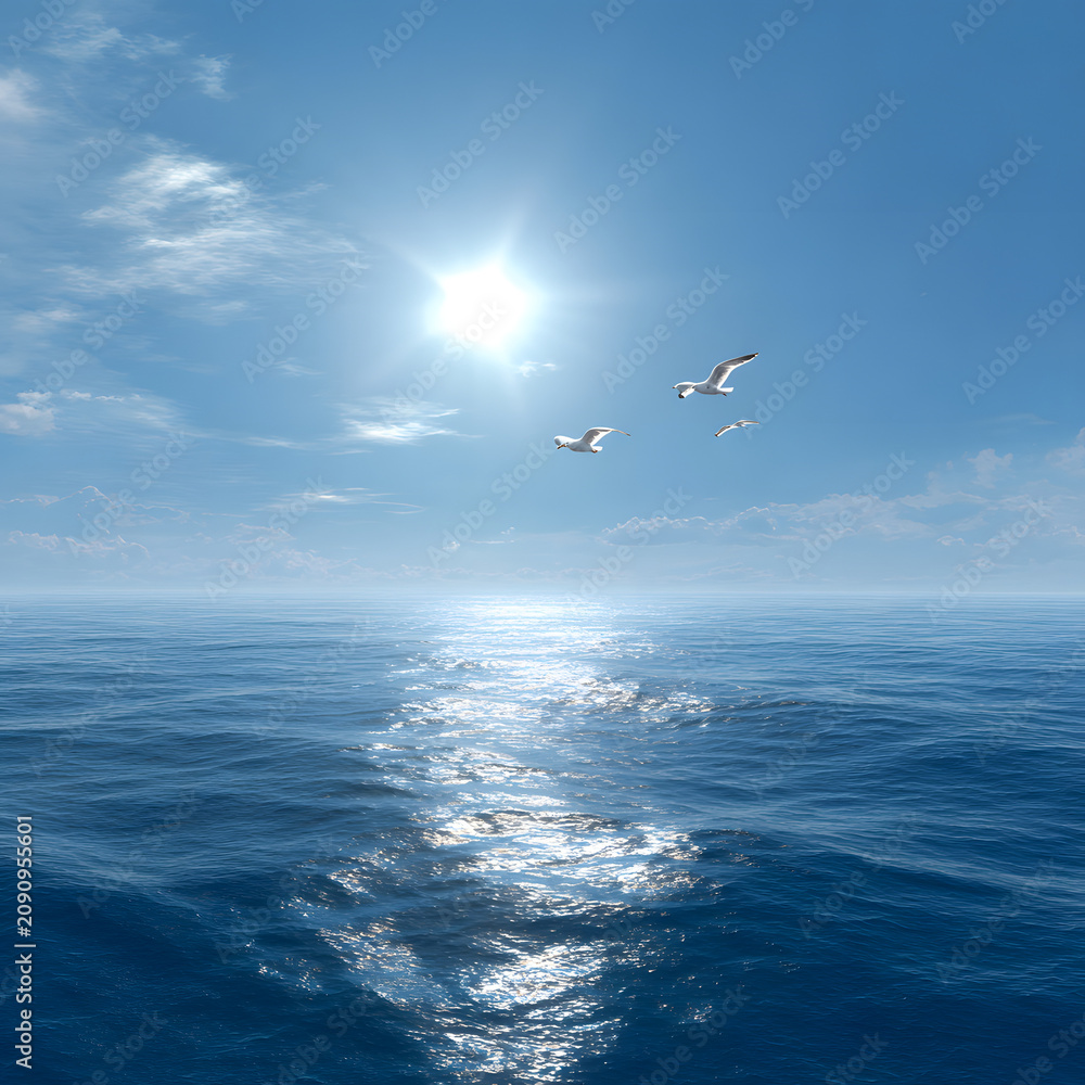 Obraz premium Seagulls Flying Over a Blue Ocean Under a Bright Sunny Sky Illustration