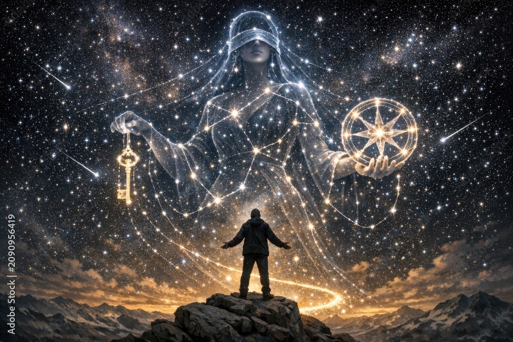 Naklejka premium A person stands on the summit of a mountain, gazing up at a star-filled night sky