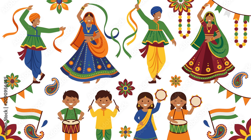 Fototapeta premium Indian cultural celebration with people dancing and children playing traditional instruments.