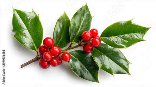 Holly Berries and Green Leaves Isolated on White Background, Fresh Red Winter Fruit Branch for Christmas Nature Decoration and Botanical Stock Photography