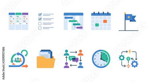 Business icons depict workflow, communication, and planning on a computer screen with a clock.