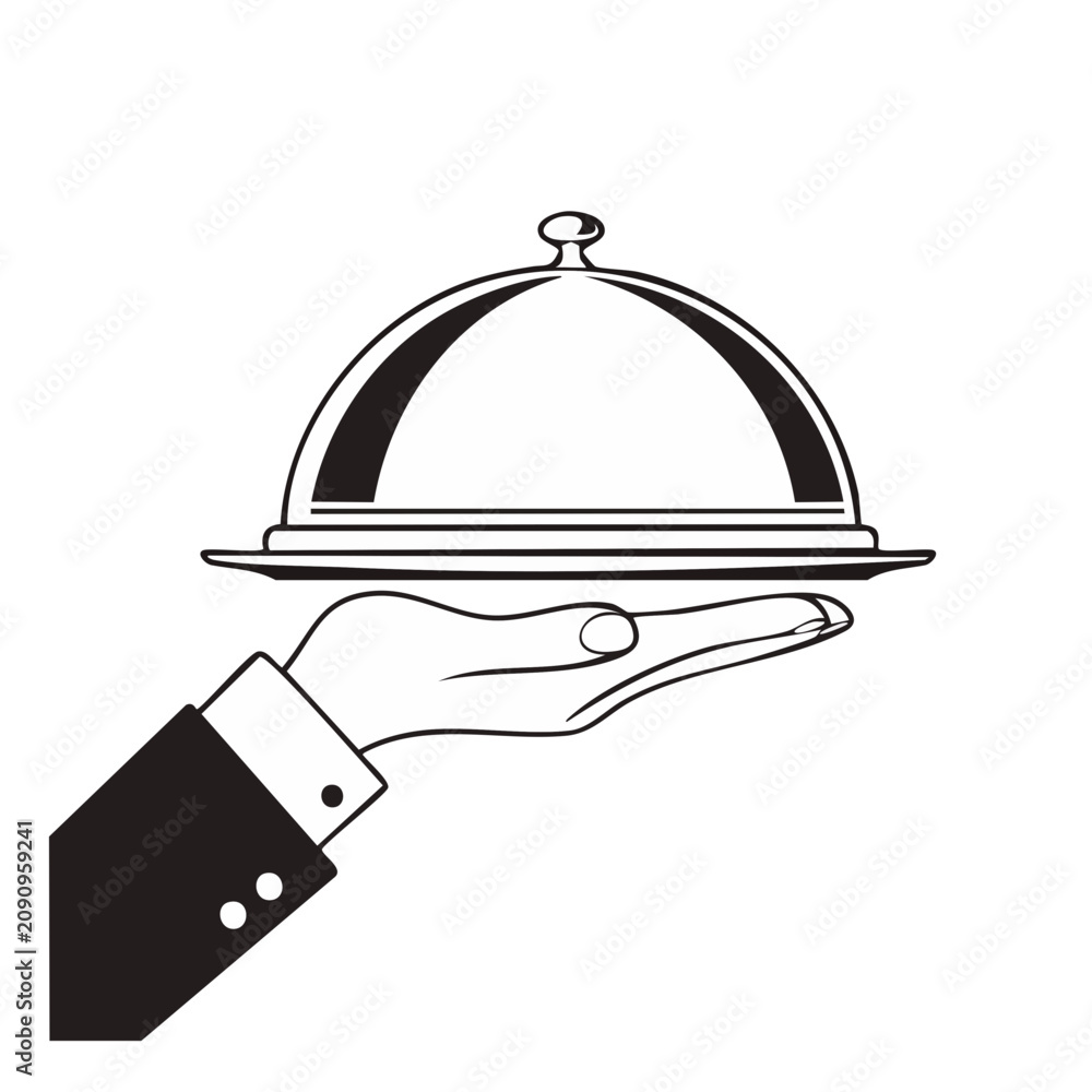 Fototapeta premium Professional hand serving food under a silver cloche with a formal suit cuff
