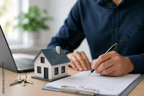 Real estate contract sign. Property mortgage finance signing agreement approved. Real estate insurance. Home buying document. homeowner house tenant. Real estate investment. Home estate insurance. 
