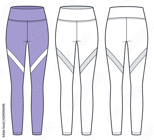 Women Leggings Fashion Flat Technical Drawing Template, Lavender, Front and Back View with Outline, Activewear CAD Mockup
