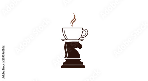 Creative chess knight and steaming coffee cup logo.