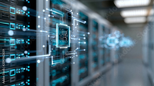 Tapety artystyczne Artificial intelligence cloud computing infrastructure inside modern server room featuring floating digital processor managing complex big data center operations, AI