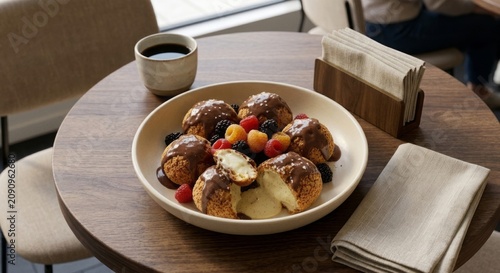 Chocolate sauce being poured over cream filled choux pastry balls with fresh berries. Elegant plated dessert in a modern café setting with soft natural light.