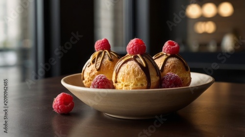 Profiteroles topped with chocolate drizzle and fresh raspberries served in a ceramic bowl. Minimal modern composition with soft background and natural light.