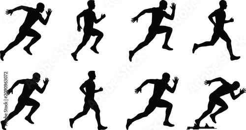 Photography Running silhouettes showing sprinting motion stages, athletic stride cycle, star