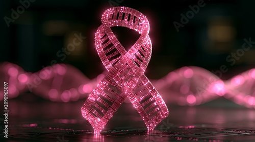 Glowing Pink DNA Double Helix Formed into an Awareness Ribbon Representing Hereditary Breast Cancer and Genetics Research Concept
