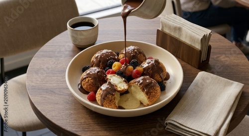 Chocolate sauce being poured over cream filled choux pastry balls with fresh berries. Elegant plated dessert in a modern café setting with soft natural light.