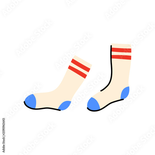 Vector illustration of a pair of sports socks, in doodle style. White socks with red stripes. Used as a design element for sports themes