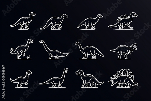 White dinosaur outline icons on dark background