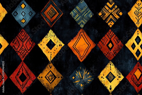 Geometric pattern with diamond shapes in warm tones on dark background