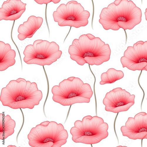 Pink poppy flowers seamless pattern with soft gradients and delicate stems on white background