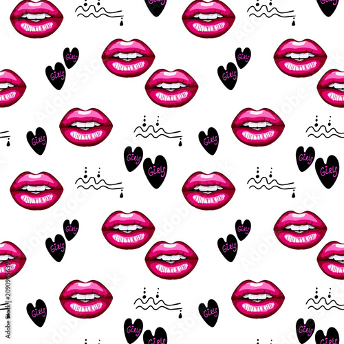 Pink lips and girly hearts seamless pattern