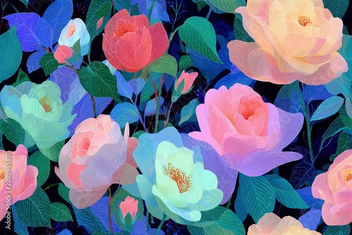 Vibrant neon roses with glowing petals and dark background