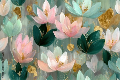 Pastel lotus flowers with gold accents and green leaves on textured background