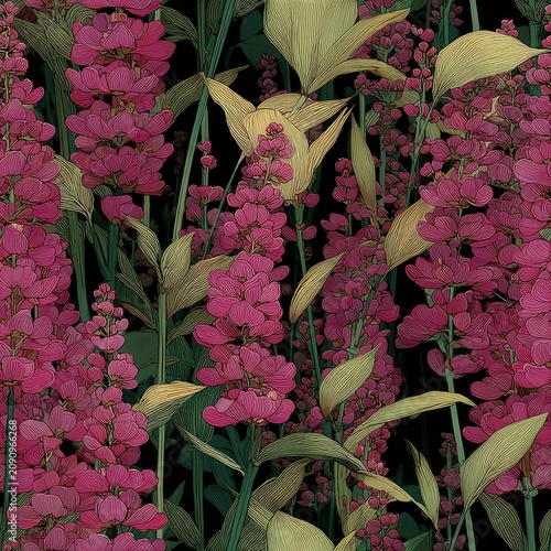 Vibrant pink flowers with green stems and yellow leaves on black background