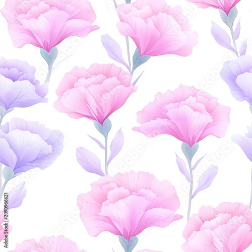 Pink and purple carnation flowers on white background seamless pattern