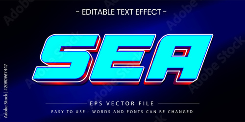 Sea 3D Text Effect Editable Retro Neon Blue Typography EPS Vector File for Designers