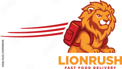 Fast food delivery logo featuring a muscular cartoon lion running. Vector illustration