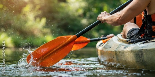 Person paddling a bright orange kayak on a river, close up view of oar and water splashes