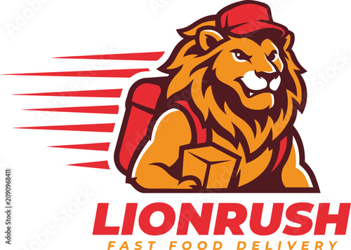 Dynamic cartoon lion mascot for food delivery service with backpack. Vector illustration