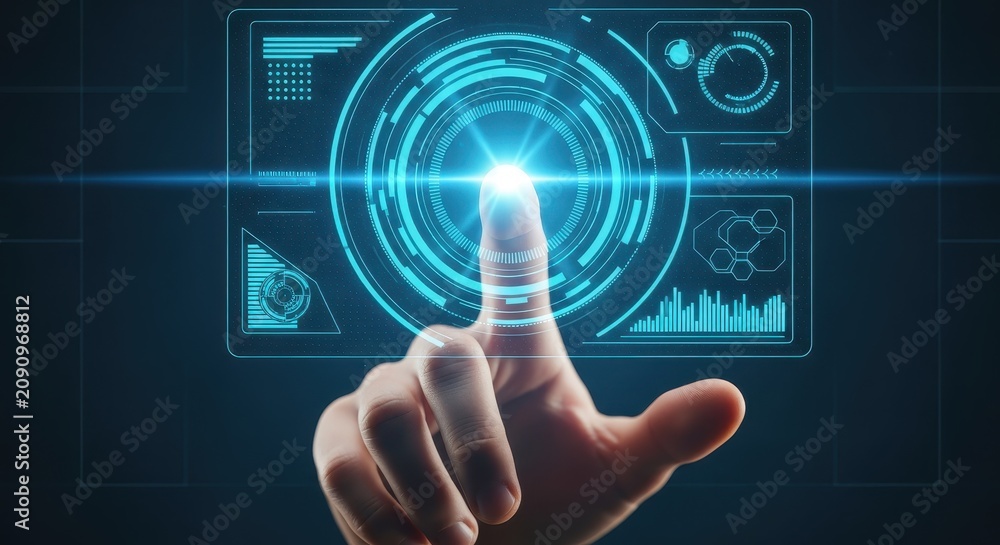 Fototapeta premium Futuristic Digital Interface with Hand Touching Glowing Virtual HUD Screen for Technology and Innovation Concept