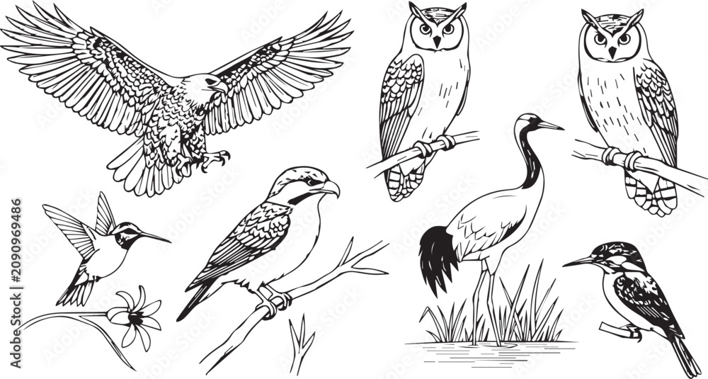 Fototapeta premium Collection of detailed bird illustrations including eagles owls and hummingbirds with wildlife illustration drawings hummingbird collection feathers