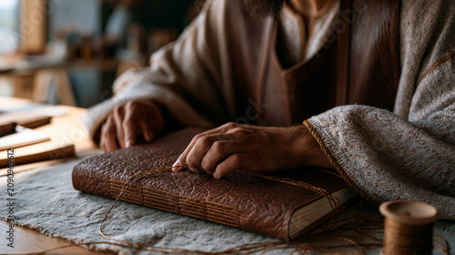 Kazakh bookbinder hand-stitching a leather-covered journal at a workshop table, September craft fair preparation, artisan stationery, Central Asian leather craft, detailed