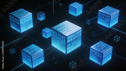 Plakat Digital cubes with binary code on dark background