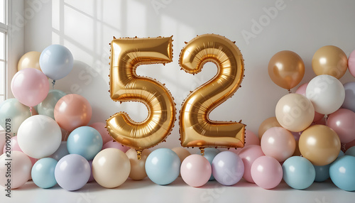 Golden number 52 balloons celebrating special event with pastel color balloons festive decoration.