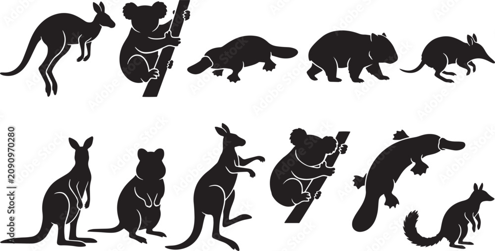 Obraz premium Kangaroo, marsupial, animal icons, black silhouettes, wildlife symbols, vector graphics isolated on Transparent Background