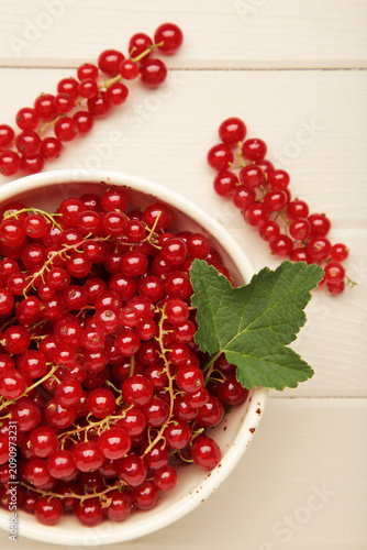 Red currants on white plate on light wooden background. Fresh and vibrant food photography for healthy eating. Vertical photo