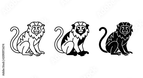 Canvas Print Three Stylized Monkey Icons, Vector Art Set, Black and White Primate Graphics, S