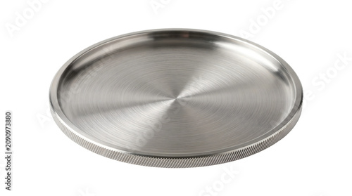 Tableau sur toile Brushed metal disc with a circular spun texture and a knurled ridged edge photog