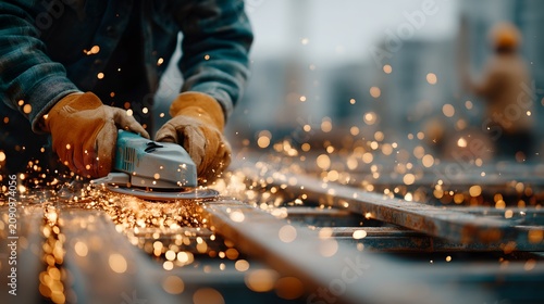 A close-up shot of a construction worker using an angle grinder to shape metal, with a shower of sparks flying. The worker wears protective gloves and a rugged shirt.