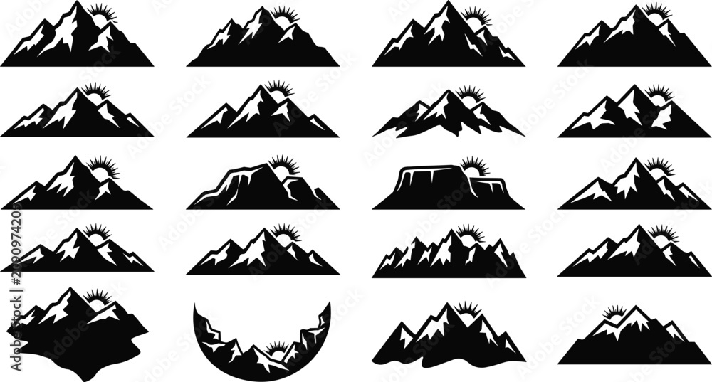 Fototapeta premium Set of mountain peak silhouettes with sunrise for outdoor adventure logos and badge design elements